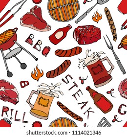 Seamless Pattern of Summer BBQ Grill Party. Steak, Sausage, Barbeque Grid, Tongs, Fork, Fire, Ketchup. Hand Drawn Vector Illustration. Savoyar Doodle Style.