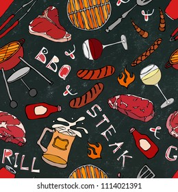 Seamless Pattern of Summer BBQ Grill Party. Glass of Red, White VineSteak, Sausage, Barbeque Grid, Tongs, Fork. Black Board Background and Chalk. Hand Drawn Vector Illustration. Savoyar Doodle Style.
