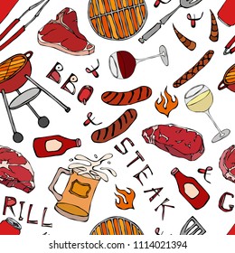 Seamless Pattern Of Summer BBQ Grill Party. Glass Of Red, White VineSteak, Sausage, Barbeque Grid, Tongs, Fork. Hand Drawn Vector Illustration. Savoyar Doodle Style.