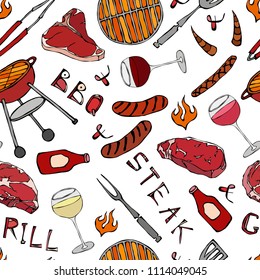 Seamless Pattern of Summer BBQ Grill Party. Glass of Red, Rose and White Vine, Steak, Sausage, Barbeque Grid, Tongs, Fork, Fire, Ketchup. Hand Drawn Vector Illustration. Savoyar Doodle Style.