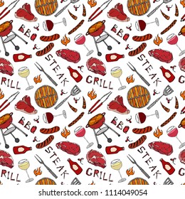 Seamless Pattern of Summer BBQ Grill Party. Glass of Red, Rose and White Vine, Steak, Sausage, Barbeque Grid, Tongs, Fork, Fire, Ketchup. Hand Drawn Vector Illustration. Savoyar Doodle Style.