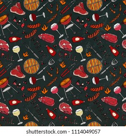 Seamless Pattern of Summer BBQ Grill Party. Glass of Red, Rose and White Vine, Steak, Sausage, Barbeque Grid. Black Board Background and Chalk. Hand Drawn Vector Illustration. Savoyar Doodle Style.