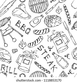 Seamless Pattern of Summer BBQ Grill Party. Steak, Sausage, Barbeque Grid, Tongs, Fork, Fire, Ketchup. Hand Drawn Vector Illustration. Doodle Style.