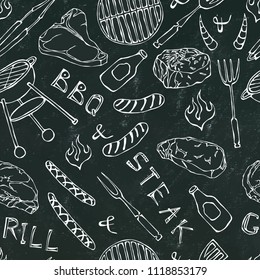 Seamless Pattern of Summer BBQ Grill Party. Steak, Sausage, Barbeque Grid, Tongs, Fork, Fire, Ketchup. Black Board Background and Chalk. Hand Drawn Vector Illustration. Cute Doodle Style.