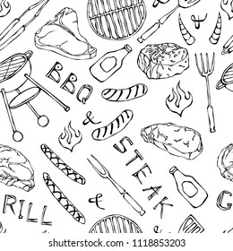 Seamless Pattern of Summer BBQ Grill Party. Steak, Sausage, Barbeque Grid, Tongs, Fork, Fire, Ketchup. Hand Drawn Vector Illustration. Cute Doodle Style.