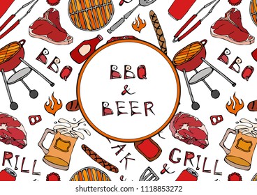 Seamless Pattern of Summer BBQ Grill Party. Beer, Steak, Sausage, Barbeque Grid, Tongs, Fork, Fire, Ketchup. Hand Drawn Vector Illustration. Doodle Style.