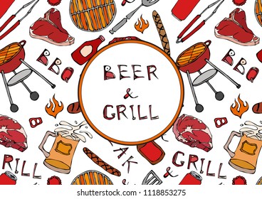 Seamless Pattern of Summer BBQ Grill Party. Beer, Steak, Sausage, Barbeque Grid, Tongs, Fork, Fire, Ketchup. Hand Drawn Vector Illustration. Doodle Style.