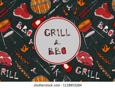 Seamless Pattern of Summer BBQ Grill Party. Steak, Sausage, Barbeque Grid, Tongs, Fork, Fire, Ketchup. Black Board Background and Chalk. Hand Drawn Vector Illustration. Doodle Style.