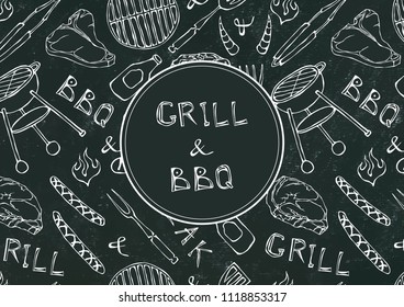 Seamless Pattern of Summer BBQ Grill Party. Steak, Sausage, Barbeque Grid, Tongs, Fork, Fire, Ketchup. Black Board Background and Chalk. Hand Drawn Vector Illustration. Doodle Style.