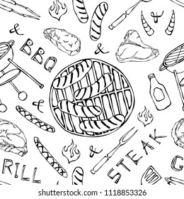 Seamless Pattern of Summer BBQ Grill Party. Big Sausages, Barbeque Grid, Tongs, Fork, Fire, Ketchup. Hand Drawn Vector Illustration. Doodle Style.