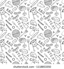 Seamless Pattern of Summer BBQ Grill Party. Beer Can, Bottle and Mug, Steak, Sausage, Barbeque Grid, Tongs, Fork, Fire, Ketchup. Hand Drawn Vector Illustration. Doodle Style.