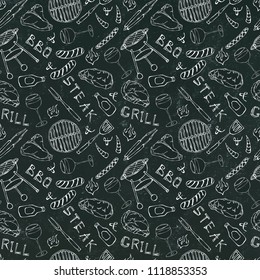 Seamless Pattern of Summer BBQ Grill Party. Glass of Red, Rose and White Wine, Steak, Sausage, Barbeque Grid. Black Board Background and Chalk. Hand Drawn Vector Illustration. Doodle Style.