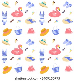 Seamless pattern with summer beach accessories straw hat striped swimsuit and beach bag painted in a flat style. For the design of summer photo albums and souvenirs