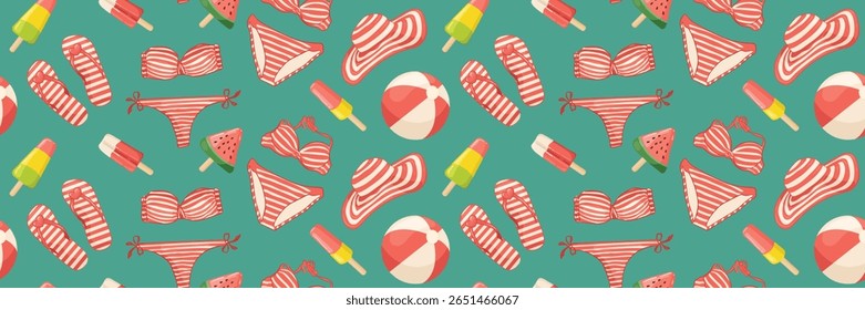 Seamless pattern summer beach accessories. Striped pink slippers, beach ball, sun umbrella, ice cream, swimsuit and hat. Vector background. For textile, fabric, decor and design.
