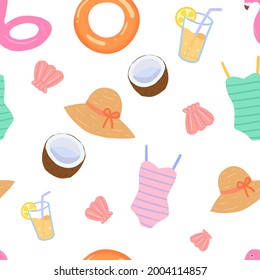 Seamless pattern of summer beach elements on white background. Swimming ring, seashell, swimsuit, coconut and lemonade. Trendy hand drawn illustration. Texture for textile, print. Vector EPS 10