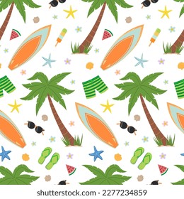 Seamless pattern with summer beach elements: palm tree, surfboard, swimming trunks, flip-flops, starfish, glasses, watermelon slices and seashells. Flat style vector image.