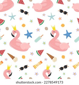 Seamless pattern with summer beach elements: flamingo inflatable circle, ice cream, sunglasses, starfish, watermelon and sea shells. Flat style vector image.