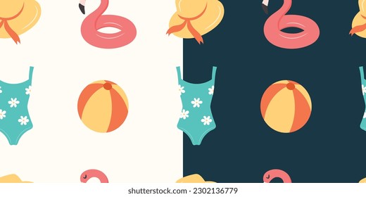  Seamless pattern with summer beach elements on a white and blue background