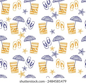 Seamless pattern with summer beach elements. Vector hand drawn background with flip flops, sun umbrella, towel and starfish