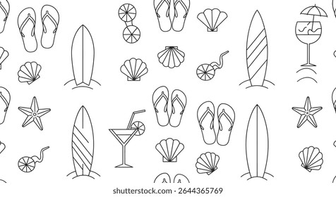 Seamless pattern with summer beach elements: flip flops, surfboard, cocktail, seashell, starfish, and beach toy in outline style.