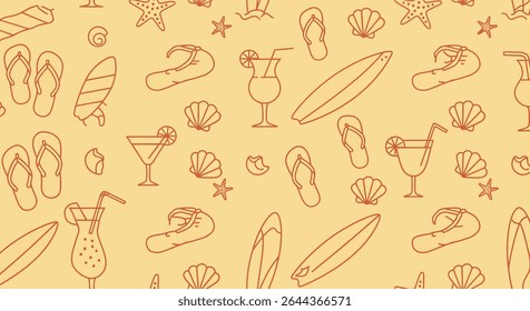Seamless pattern with summer beach elements: surfboard, flip flops, cocktails, starfish and seashells in a simple outline style.
