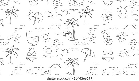 Um padrão perfeito de elementos de praia de verão na arte de linha preta, incluindo palmeiras, sol, ondas, guarda-chuva e biquíni em um fundo transparente.
