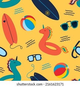 Seamless pattern of summer beach holidays. Sunglasses, unicon swimming pool ring, beach ball and dive mask in flat style on yellow background. Vector illustration, clipart, cartoon