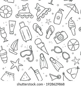 Seamless pattern of summer beach items in doodle style. Black and white things for vacation in hand drawn. Print for clothes, textile, wrapping paper. Vector illustration on white background.