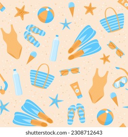 Seamless pattern with summer beach items on the sand. Vector illustration in flat style