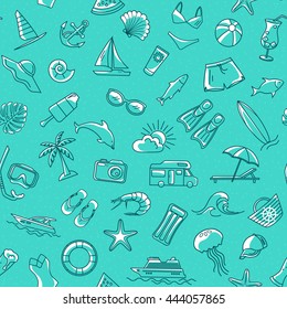 Seamless Pattern with Summer Beach Line Objects. 