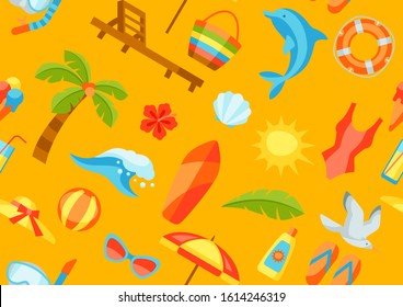 Seamless pattern with summer and beach objects. Illustration of stylized items.