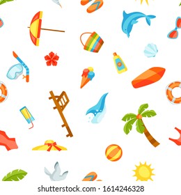 Seamless pattern with summer and beach objects. Illustration of stylized items.