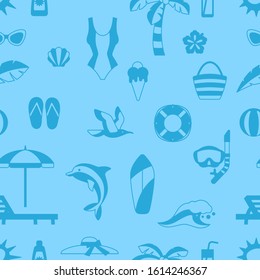 Seamless pattern with summer and beach objects. Illustration of stylized items.