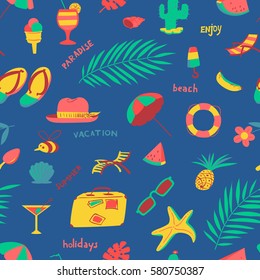 Seamless pattern with summer beach objects. Seasonal background. Vector illustration with umbrella, chair, cocktails, fruits, hat, cactus, watermelon, starfish, ice cream. 