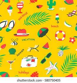 Seamless pattern with summer beach objects. Seasonal background. Vector illustration with umbrella, chair, cocktails, fruits, hat, cactus, watermelon, starfish, ice cream. 