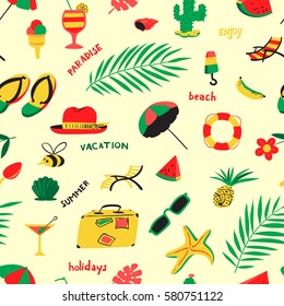 Seamless pattern with summer beach objects. Seasonal background. Vector illustration with umbrella, chair, cocktails, fruits, hat, cactus, watermelon, starfish, ice cream. 