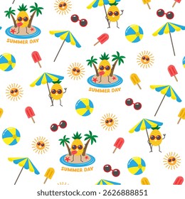 Seamless pattern of summer beach with pineapples, suitable for fabric, decor, invites, and summer themed products. Vibrant, tropical, and trendy design.