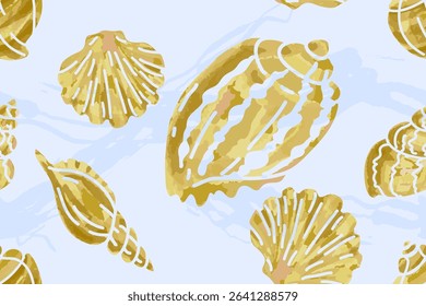 Seamless 
pattern. Summer beach with shells, tropical elements. Watercolor background illustration set. Vector