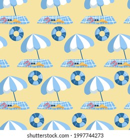 Seamless pattern summer beach  sunglasses, straw hat, swim ring,  slippers, beach umbrella. Vector pattern summer time