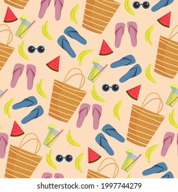 Nahtlose Muster Sommersonnenbrille, Limonade, Hausschuhe, Bananen, Wassermelone. Vectormuster Sommerzeit