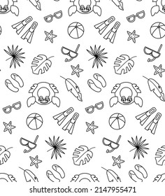 Seamless pattern of  summer beach tropical elements in outline style white background. Diving mask, ice cream, swimming mattress, badminton, ball and other elements. Vector.