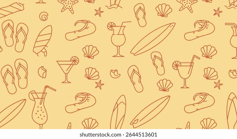 Seamless pattern with summer beach vacation elements: cocktails, surfboards, flip-flops, seashells, and starfish in a simple line art style.