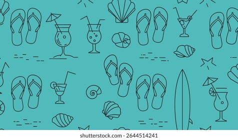 A seamless pattern of summer beach vacation icons: flip flops, cocktails, seashells, surfboard, and sun in a line art style.