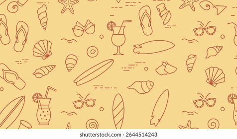 Seamless pattern with summer beach vacation elements: cocktail, surfboard, sunglasses, seashells, starfish, and flip-flops in outline style.