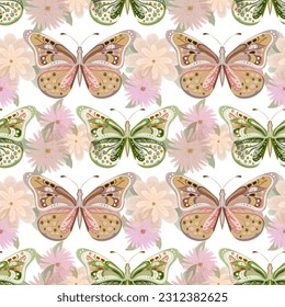 Patrón inmaculado con bellas mariposas de verano con flores acuarelas sobre fondo blanco. Papel pintado de diseño decorativo, embalaje, marca, impresión, tela, postal. Ilustración vectorial.  