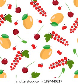 Seamless pattern of summer berries, apricot currant and cherry