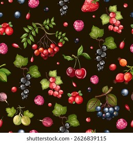 Seamless pattern summer berries. Drawn by hand in a realistic style. 