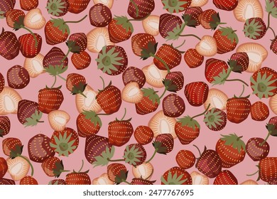 Seamless pattern with summer berries on a pink background. Drawn fresh strawberries. A bunch of fresh and ripe strawberries. Vector