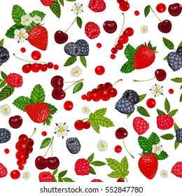 seamless pattern with summer berries. Strawberry, Blueberry, Cherry, Raspberry, Red currant. Vector illustration