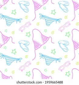 Seamless pattern of summer bikini and beach shoes. Set of pink and blue doodle beach accesories. Vector illustration